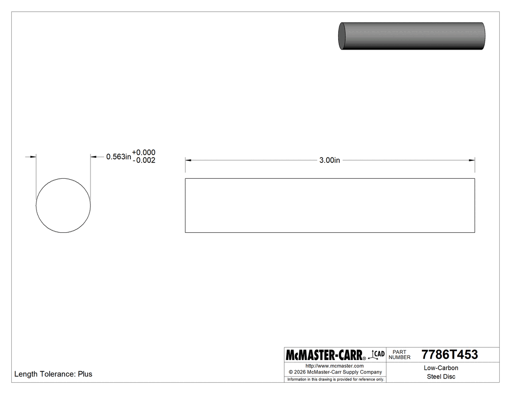 Technical Drawing of Low-Carbon Steel Disc, 9/16" Diameter, 3" Long, Cold Worked.